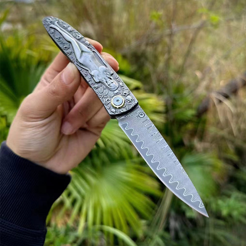 Double Sided Engraved Vintage Handle Folding Damascus Outdoor Pocket Tool