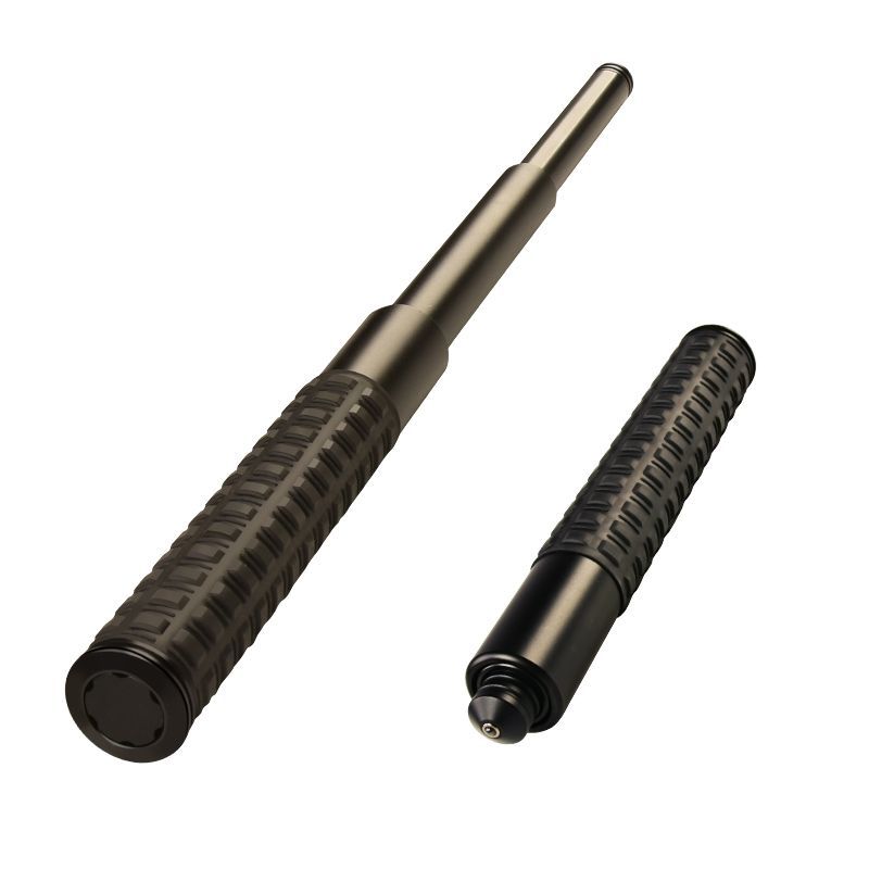 Extended and collapsed batons with tactical grips isolated on white background