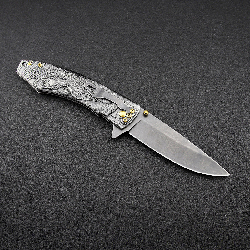 Wolf-Embossed Handle Folding Outdoor Camping Pocket EDC Tool