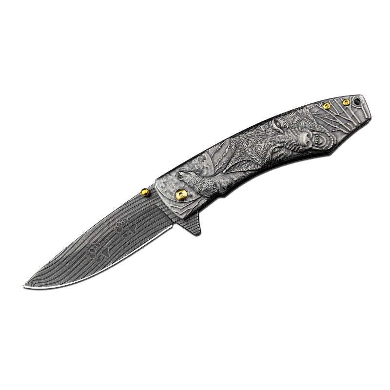 Wolf-Embossed Handle Folding Outdoor Camping Pocket EDC Tool
