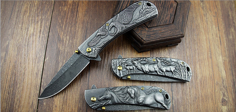 Sheep Eagle Horse-Embossed Handle Folding Outdoor Pocket EDC Tool