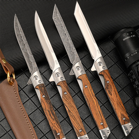 Wood Handle Folding Damascus Pattern Pocket Knife