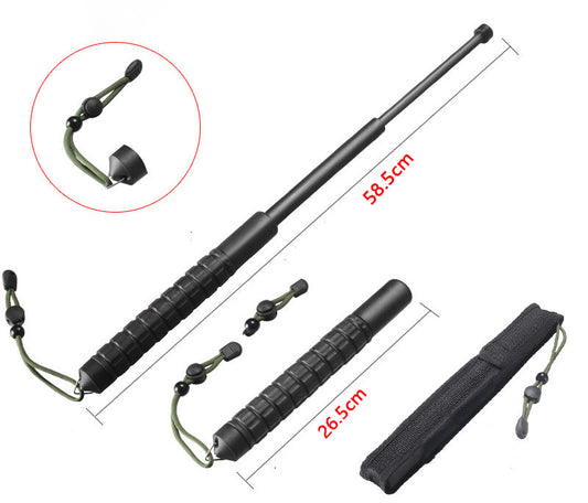 Baton shown collapsed and extended on white, with the cone tip, cord, and nylon pouch inset
