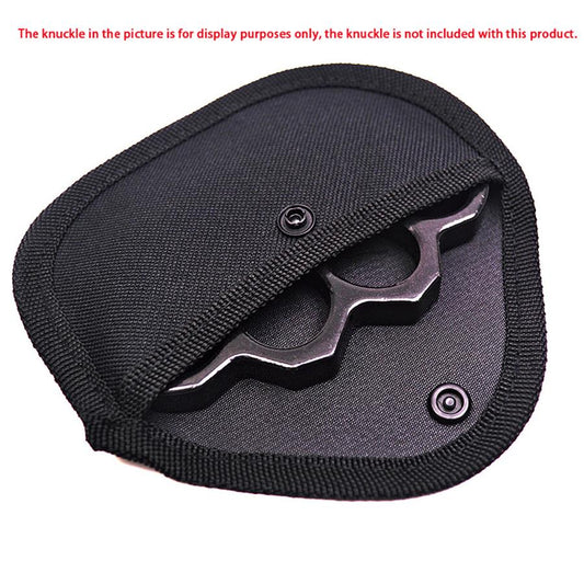 Black nylon knuckle sleeve with its snap flap open, holding a black knuckle duster shown for display purposes only
