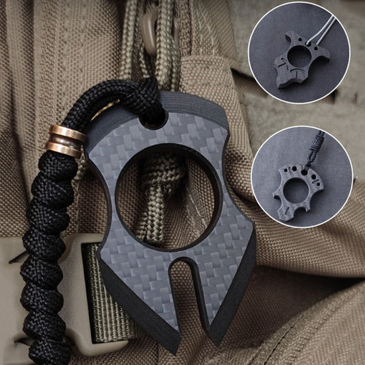 Shield-shaped carbon fiber knuckle hung from a black paracord with copper beads against tan tactical nylon gear, with two smaller inset views of the other styles.