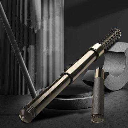Extended metal baton with textured grip resting on geometric platform with collapsed baton beside it