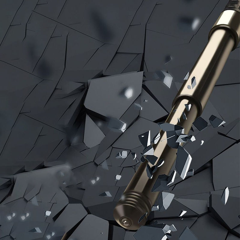 Metal baton striking and shattering dark glass surface demonstrating impact strength