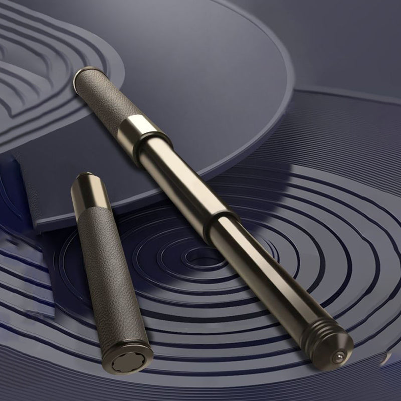 Extended and collapsed batons with leather grips on circular metallic platform
