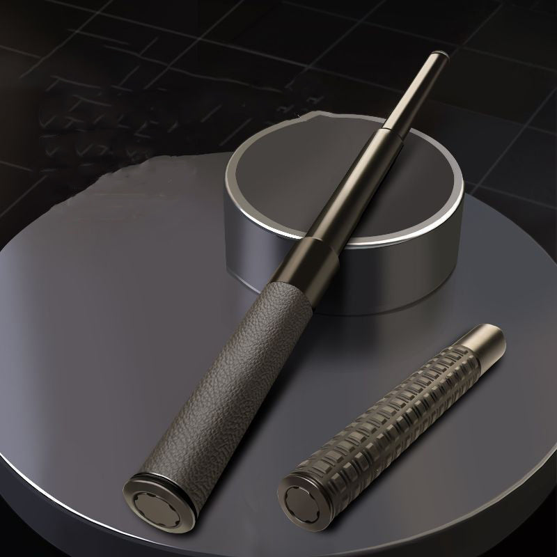 Extended and collapsed batons with leather grips on round dark platform