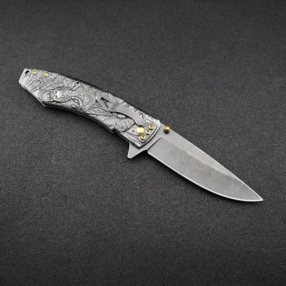 Wolf-Embossed Handle Folding Outdoor Camping Pocket EDC Tool