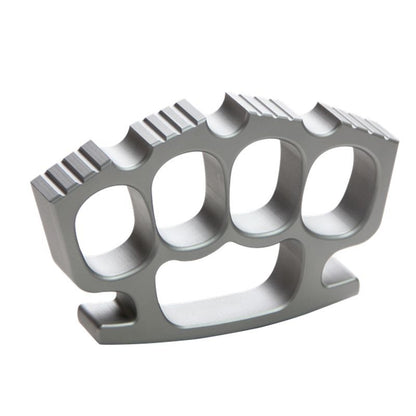 Silver 440c steel four-hole knuckle duster with horizontal grooved top bar on white background.