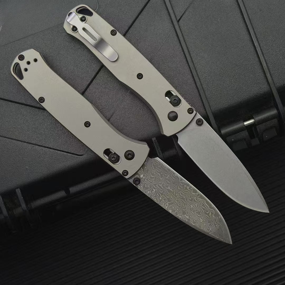 BM535 Flat Titanium Handle Damascus Outdoor Folding Knife