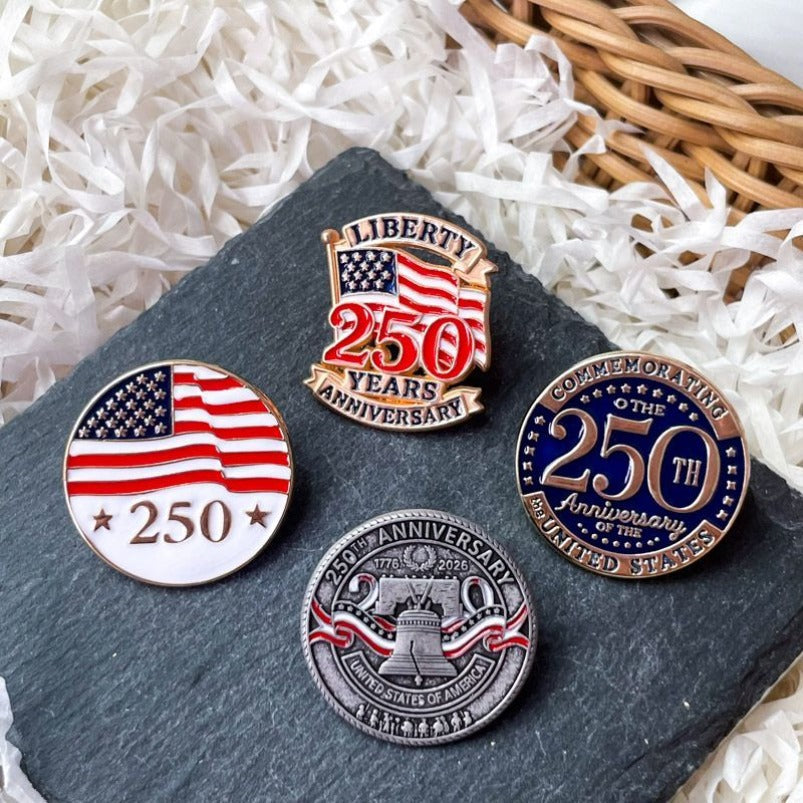 US 250th Independence Day Brooch – Stars, Flag, Letters & Big Clock Design – Clothing Accessory