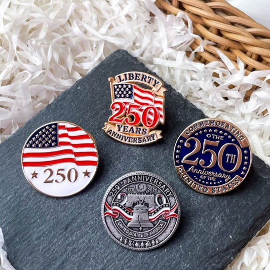 US 250th Independence Day Brooch – Stars, Flag, Letters & Big Clock Design – Clothing Accessory