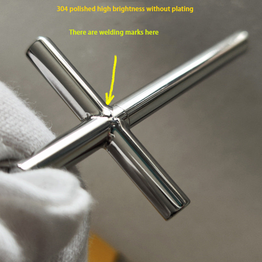 Close-up of the 304 steel cross body showing the welded center joint, with text noting polished high brightness without plating.