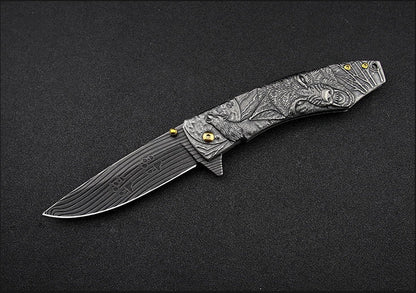 Wolf-Embossed Handle Folding Outdoor Camping Pocket EDC Tool