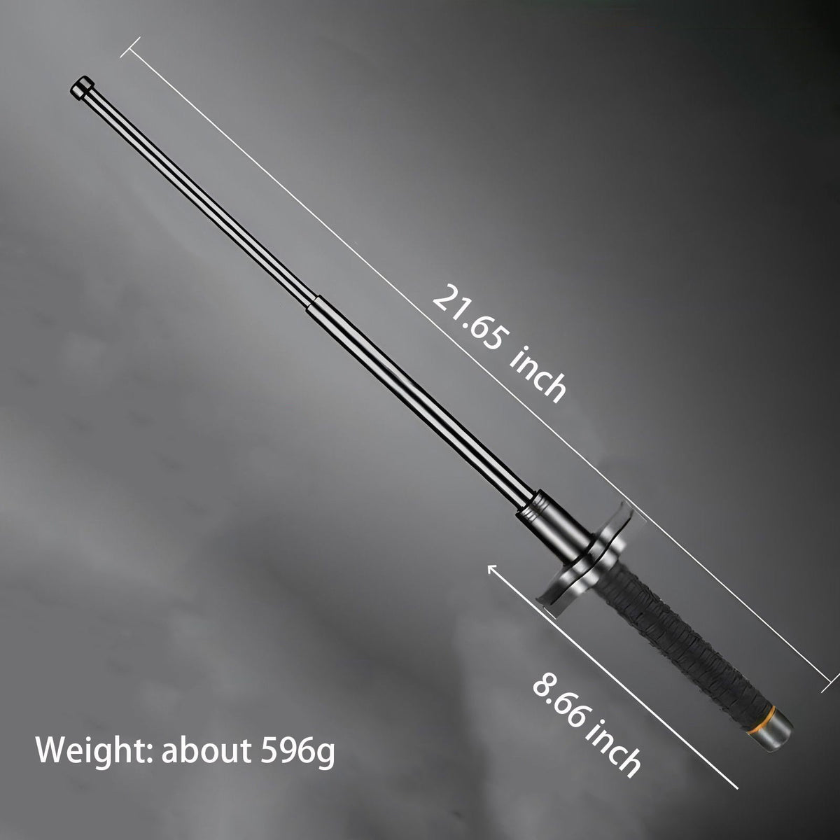21.65 inch black-handled aviation alloy steel baton size diagram with extended length and collapsed handle measurements