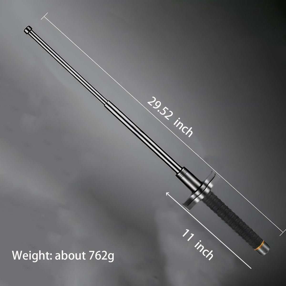 29.52 inch black-handled aviation alloy steel baton size diagram with extended length and collapsed handle measurements