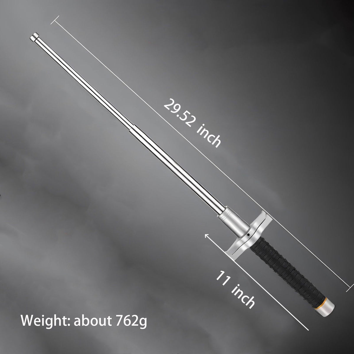 29.52 inch silver-handled aviation alloy steel baton size diagram with extended length and collapsed handle measurements