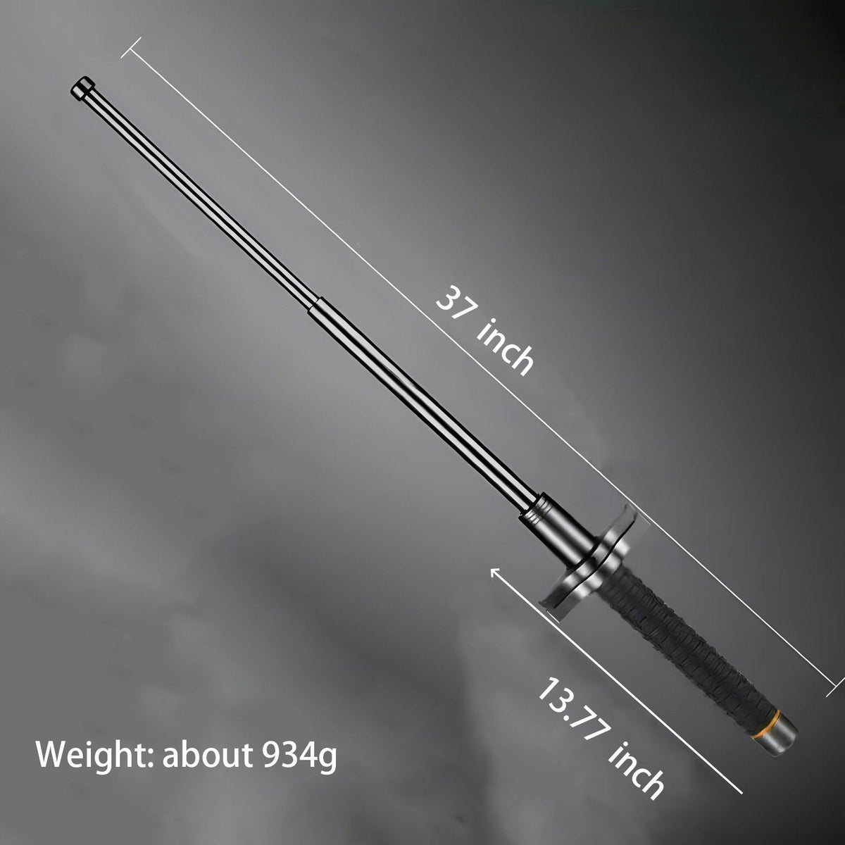 37 inch black-handled aviation alloy steel baton size diagram with extended length and collapsed handle measurements