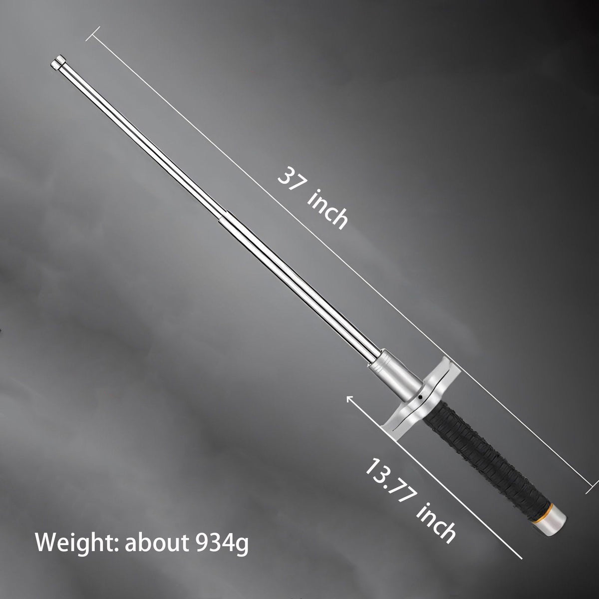 37 inch silver-handled aviation alloy steel baton size diagram with extended length and collapsed handle measurements
