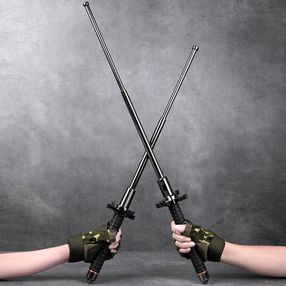 Two gloved hands holding crossed extended aviation alloy steel batons