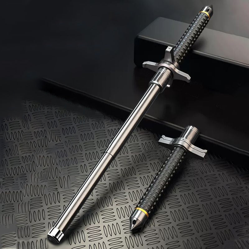 Extended and collapsed aviation alloy steel batons on a diamond plate metal surface