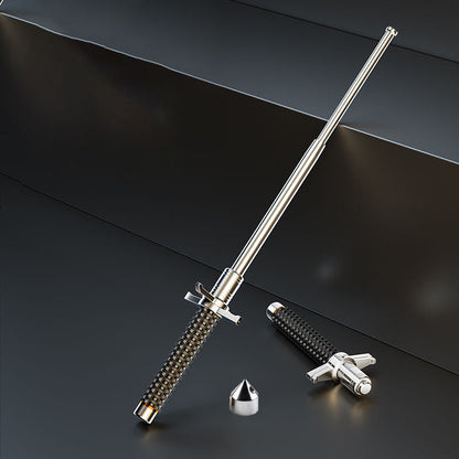 Extended aviation alloy steel baton with detached glass-break cap and collapsed handle on a dark surface