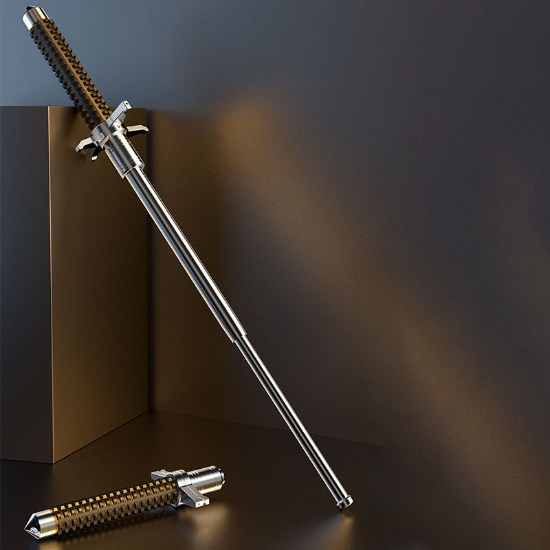 Extended silver aviation alloy steel baton leaning against a bronze panel with collapsed handle