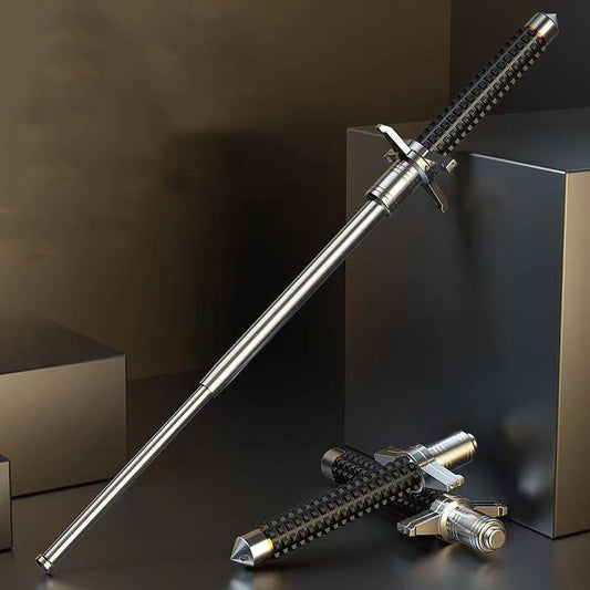 Extended aviation alloy steel baton with textured grip beside a collapsed baton in a dark studio setting