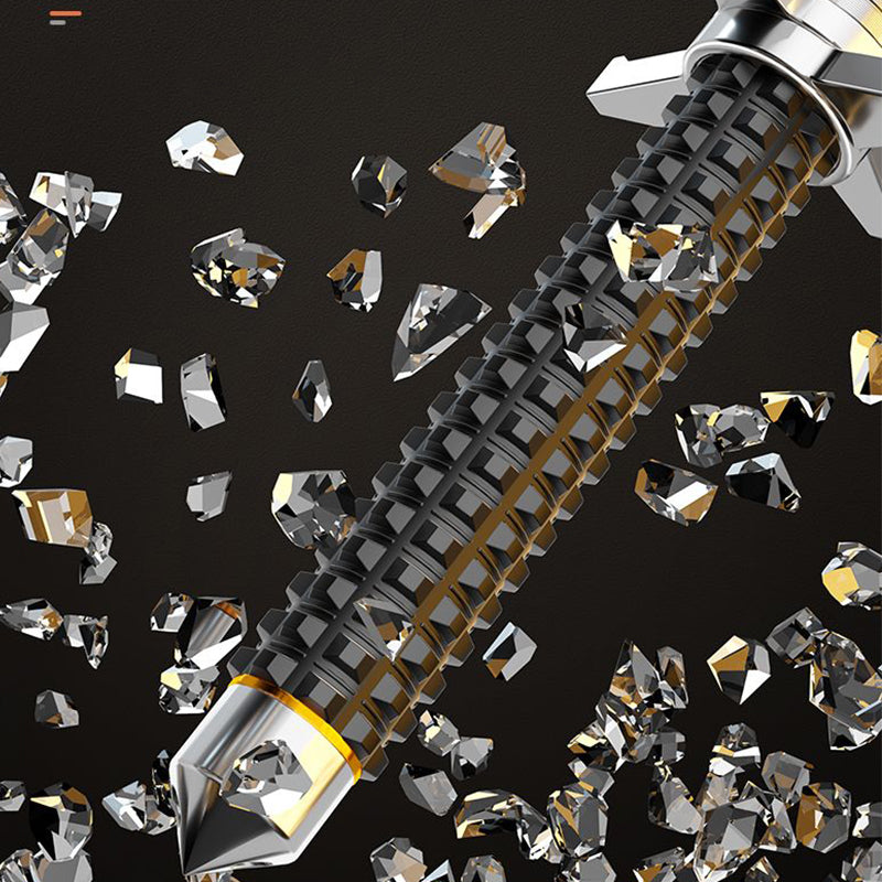 Close-up of the baton handle breaking through shattered glass fragments