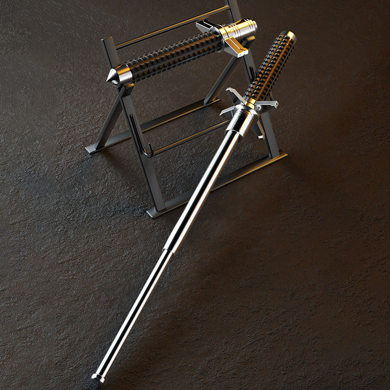 Two extended aviation alloy steel batons displayed on a black metal rack stand