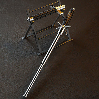 Two extended aviation alloy steel batons displayed on a black metal rack stand