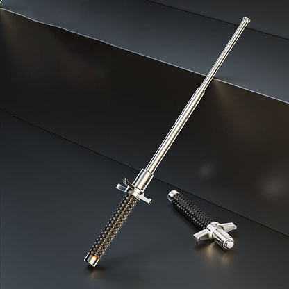 Extended silver aviation alloy steel baton with detached guard components on a dark surface