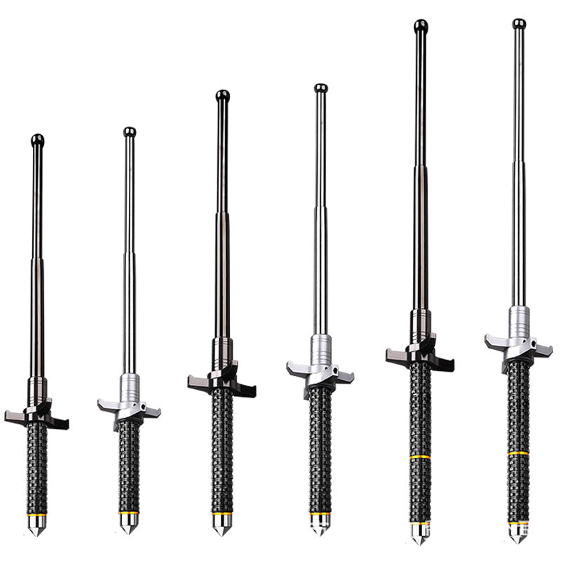 Six telescoping aviation alloy steel batons arranged in size order on a white background