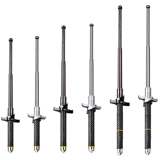 Six telescoping aviation alloy steel batons arranged in size order on a white background