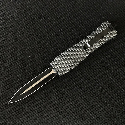 Gray carbon fiber patterned pocket knife side view