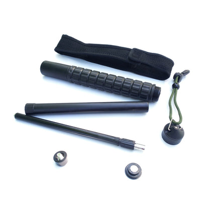 Baton taken apart into the handle, two metal shafts, cone cap, and inner parts