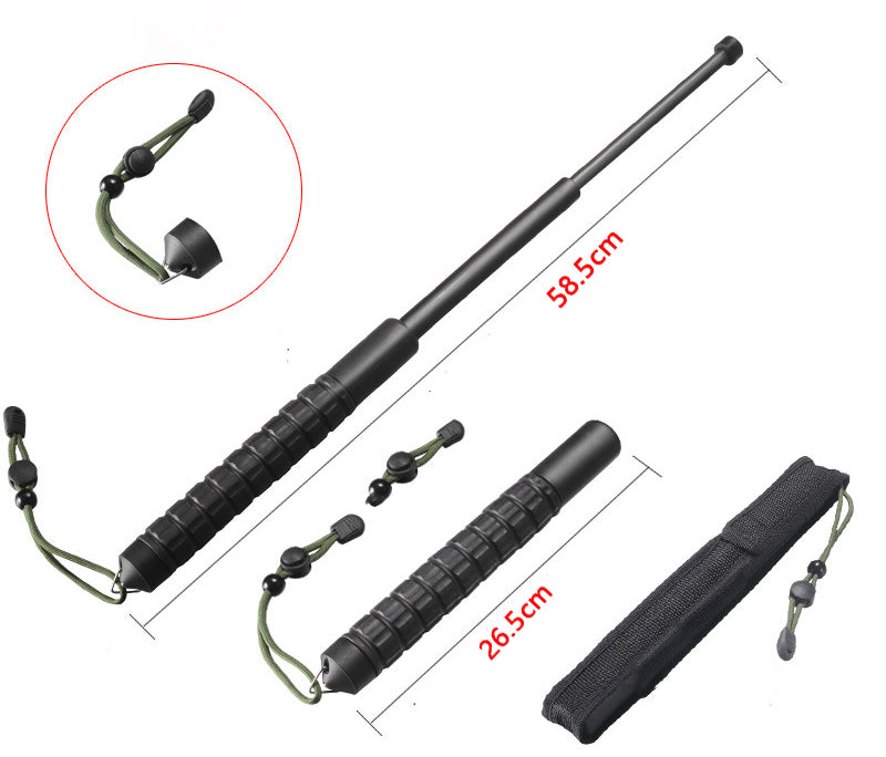 Baton shown collapsed and extended on white, with the cone tip, cord, and nylon pouch inset