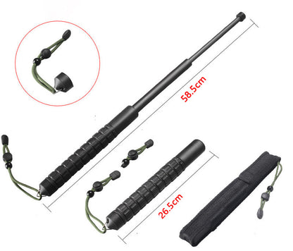 Baton shown collapsed and extended on white, with the cone tip, cord, and nylon pouch inset
