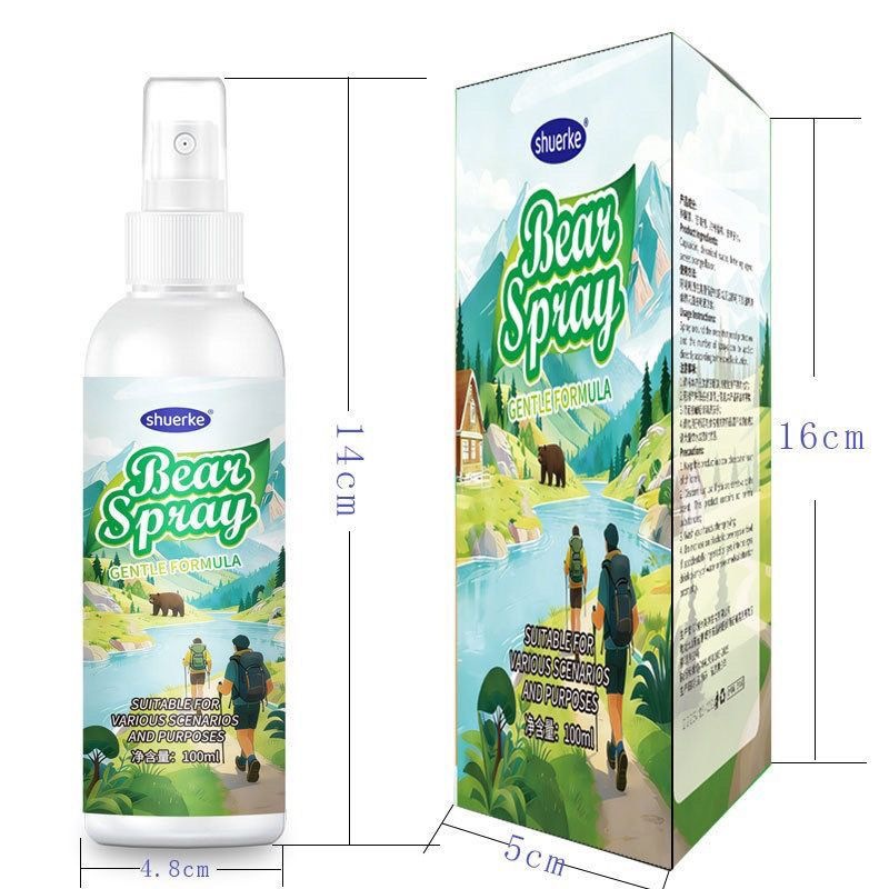 A Bear Spray bottle and its printed carton side by side with dimension annotations - the bottle 14 cm tall and 4.8 cm wide, the box 16 cm tall and 5 cm deep - both showing the Gentle Formula label and a mountain valley scene.
