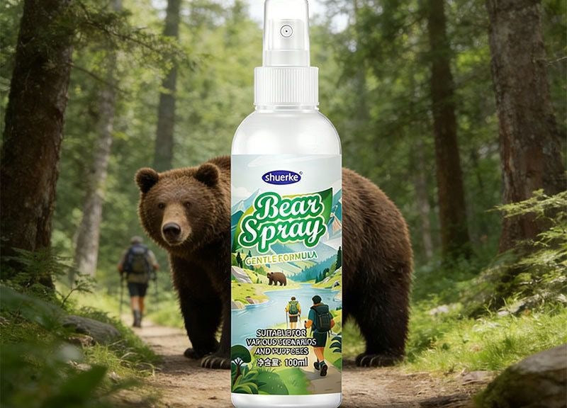 A Bear Spray bottle stands on a forest trail with a large brown bear behind it and a hiker walking in the distance, the label reading Gentle Formula, suitable for various bears and forests, 100 ml.