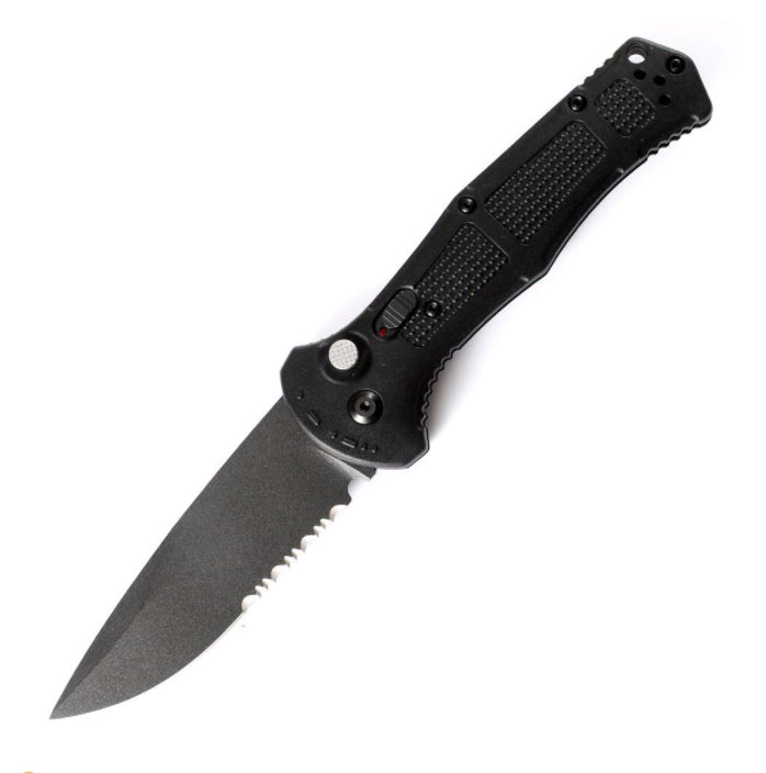 Black nylon fiber handle folder with a partially serrated drop-point blade
