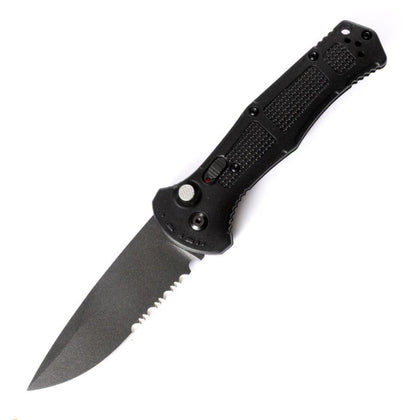 Black nylon fiber handle folder with a partially serrated drop-point blade