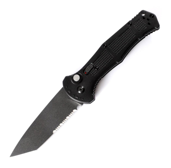 Black folder open showing a tanto blade with a serrated section