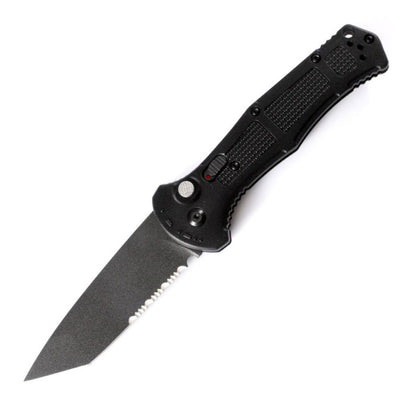 Black folder open showing a tanto blade with a serrated section