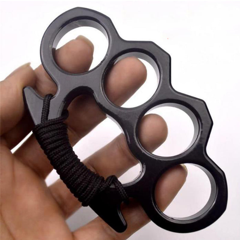Black-D aluminum knuckle duster with paracord held in hand