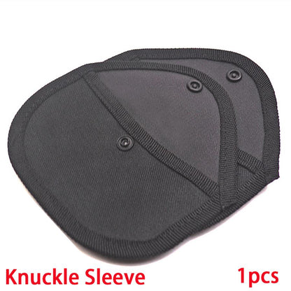 Front of a black nylon knuckle duster sleeve with snap fasteners and woven black edge binding