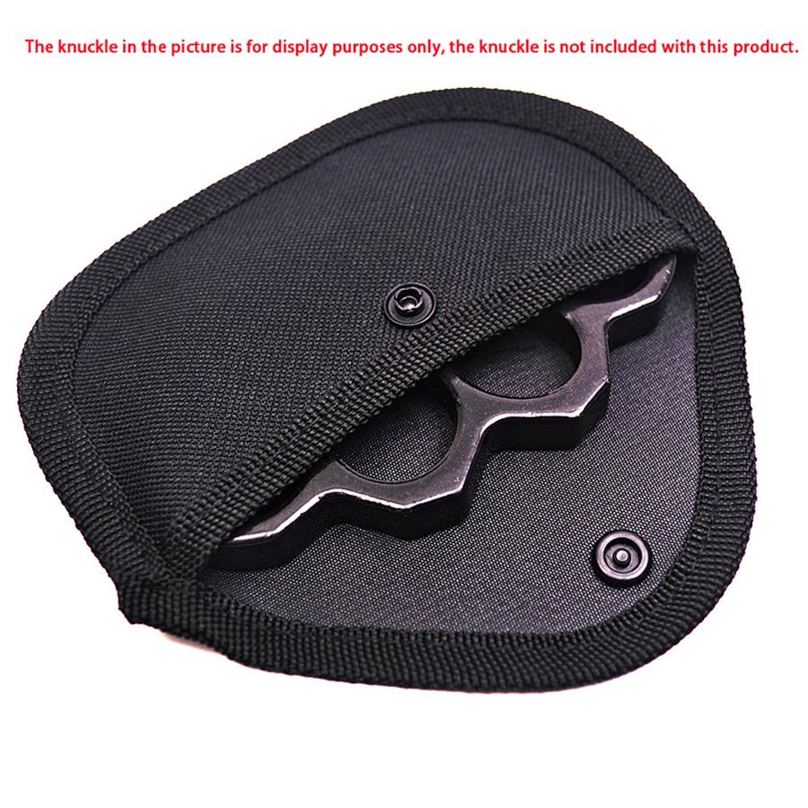 Black nylon knuckle sleeve with its snap flap open, holding a black knuckle duster shown for display purposes only