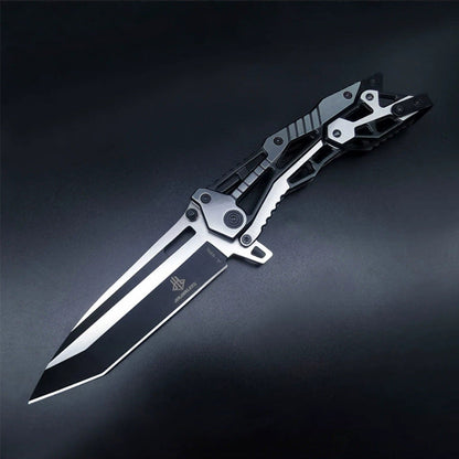 Black and silver all-steel folding knife open on dark background